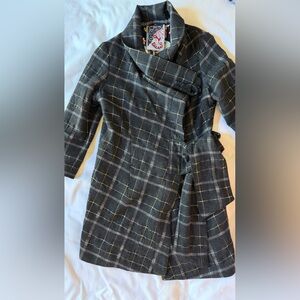 Custo Barcelona Womens Plaid Wrap Coat Belted Drape Collar Novelty Lining Jacket